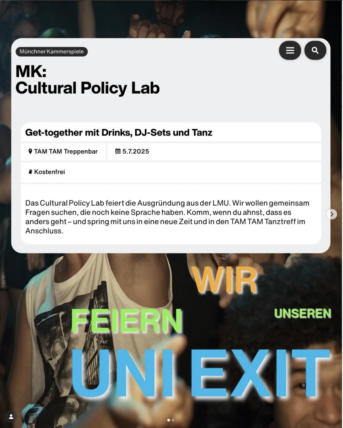 Announcement screenshot for the Cultural Policy Lab spin-out celebration at Muenchner Kammerspiele