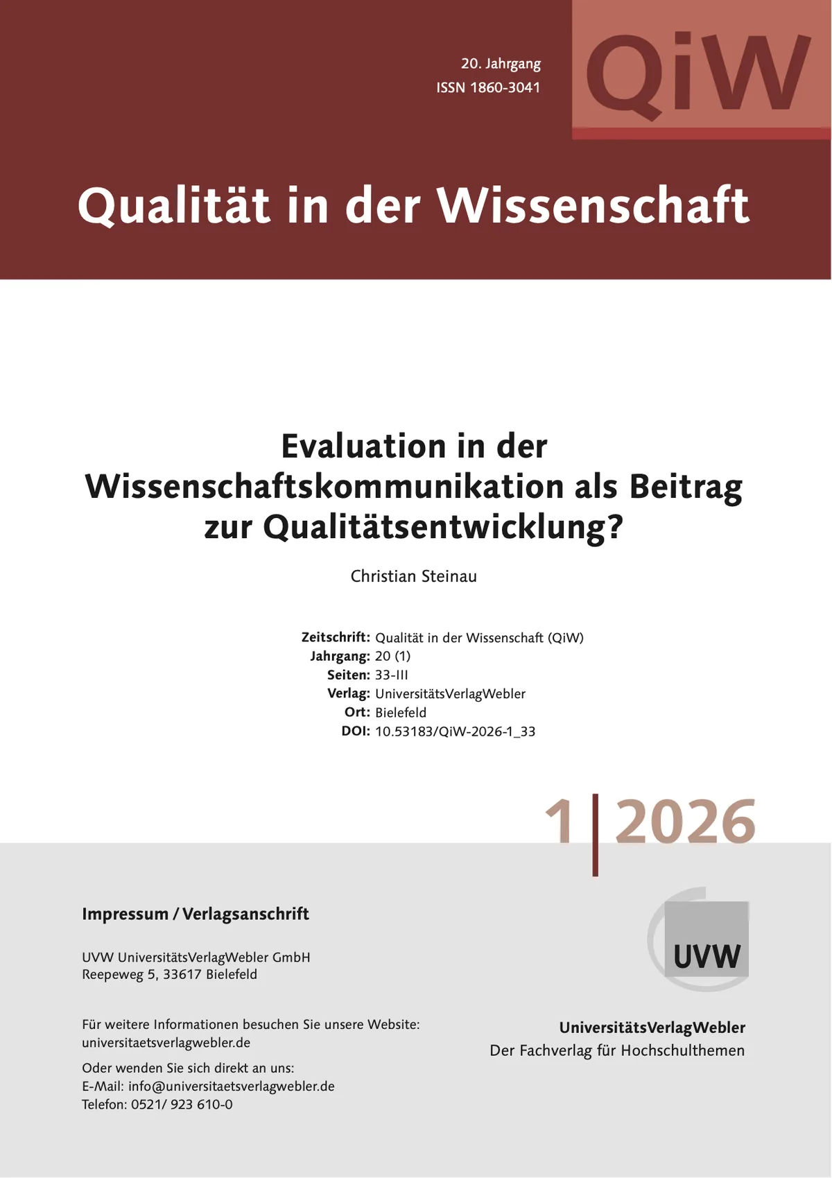 Cover of the journal Qualität in der Wissenschaft (QiW) 1/2026, UniversitätsVerlagWebler
