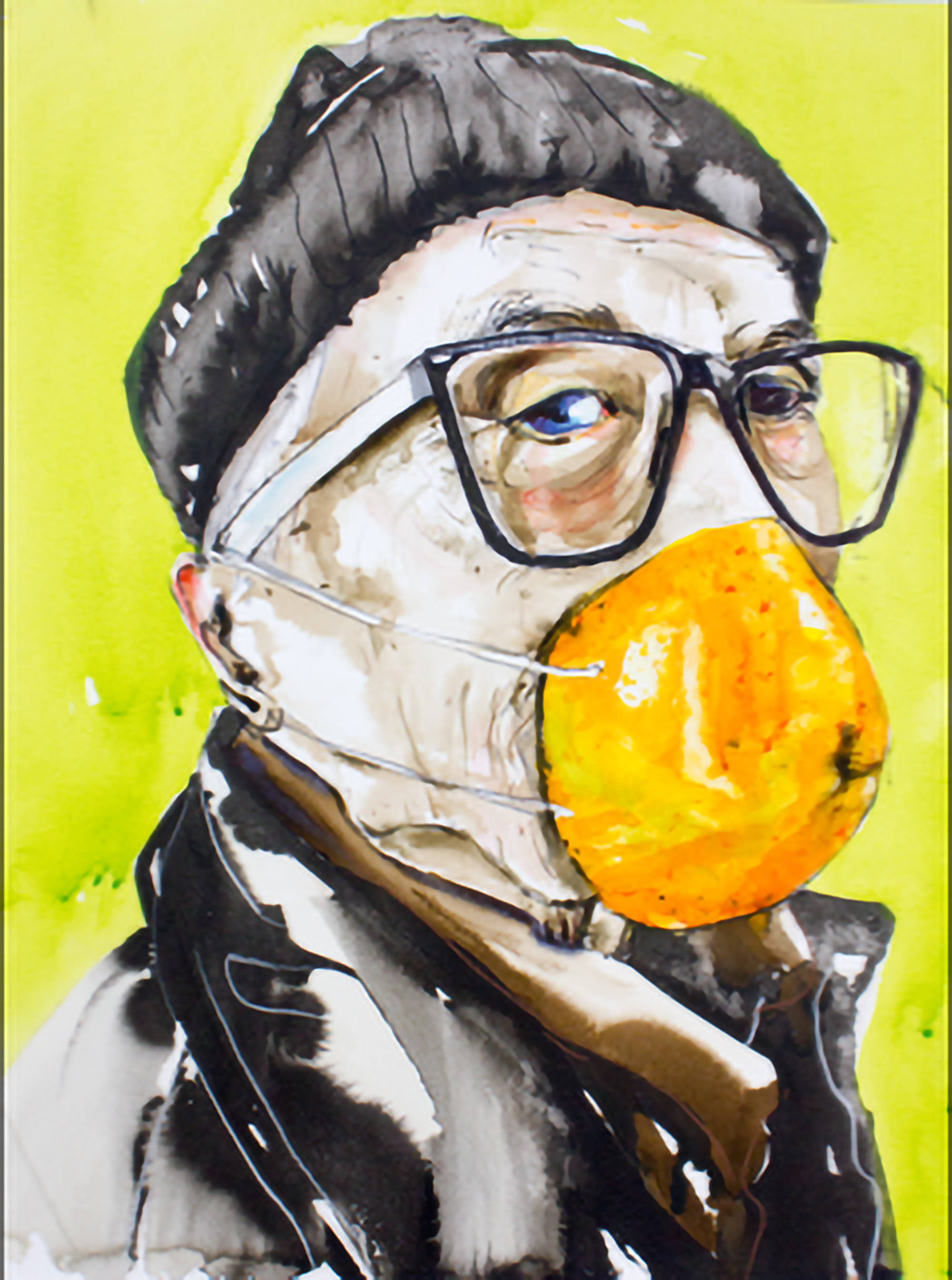 Anna Härtelt: Orangenschnute, Serie Situationselastisch, Aquarellfarbe und Tusche auf Papier, 56 x 42 cm, 2020, © Anna Härtelt.